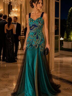 Prom Dress Peacock Feather Sequin Evening Formal Prom Size 12